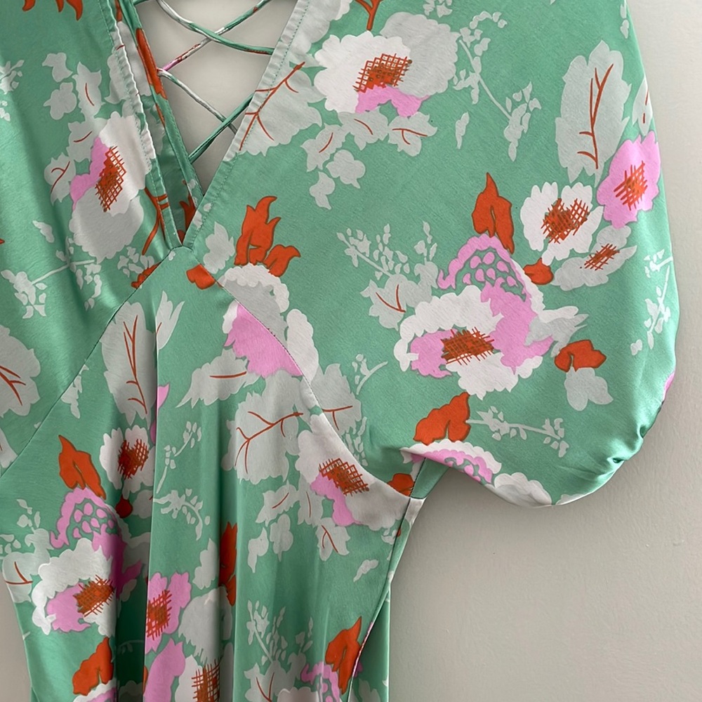 ASOS DEAIGN PUFF SLEEVE SATIN MAXI TEA DRESS IN GREEN FLORAL